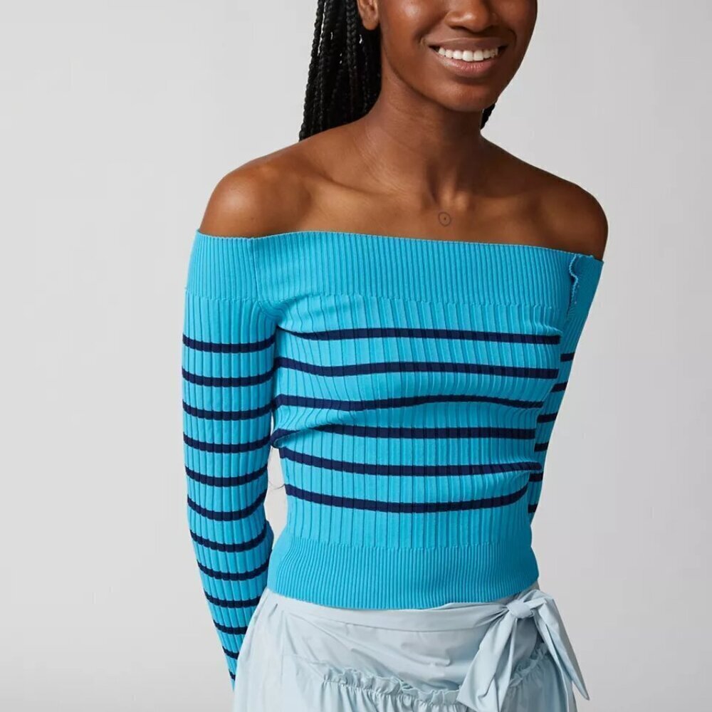 NWT Urban Outfitters Tessa Buttoned Off the Shoulder Blue Striped Sweater